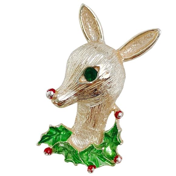 VTG Signed Gerry’s Christmas Rudolph Reindeer Brooch Gold Tone Enamel Pin Retro - Picture 1 of 10
